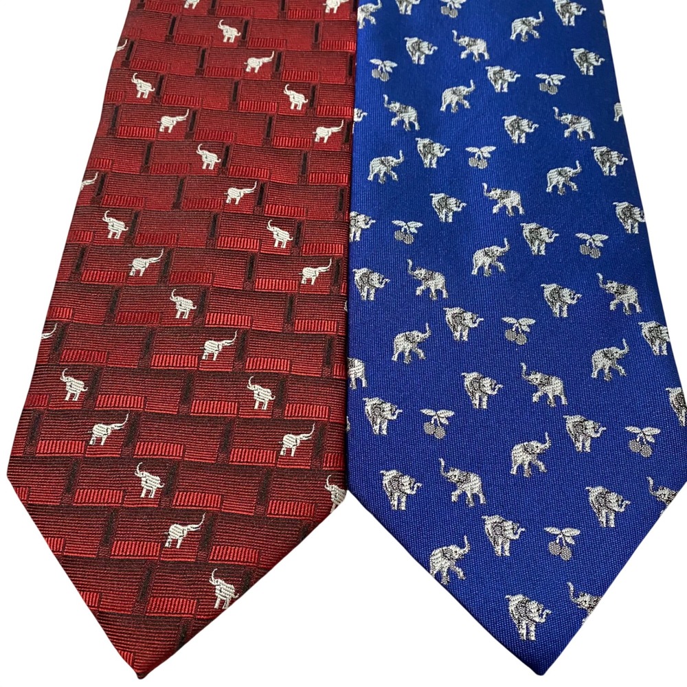 Lot of 2 Mens Elephant Silk Ties Thailand Firsite Burgundy Red Royal Blue Silk